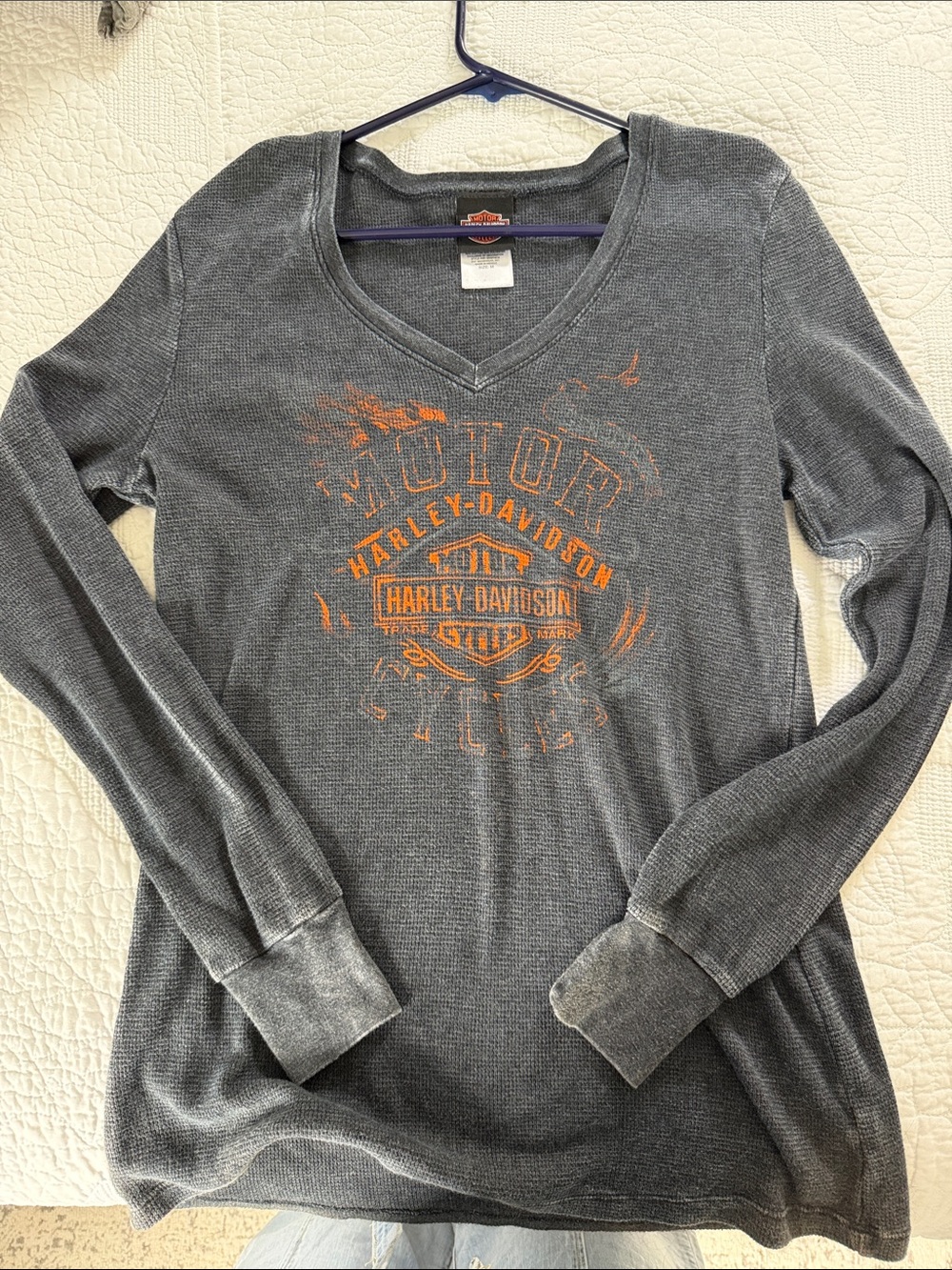 Harley-Davidson Gray Long Sleeve V-Neck Tee with Orange Logo